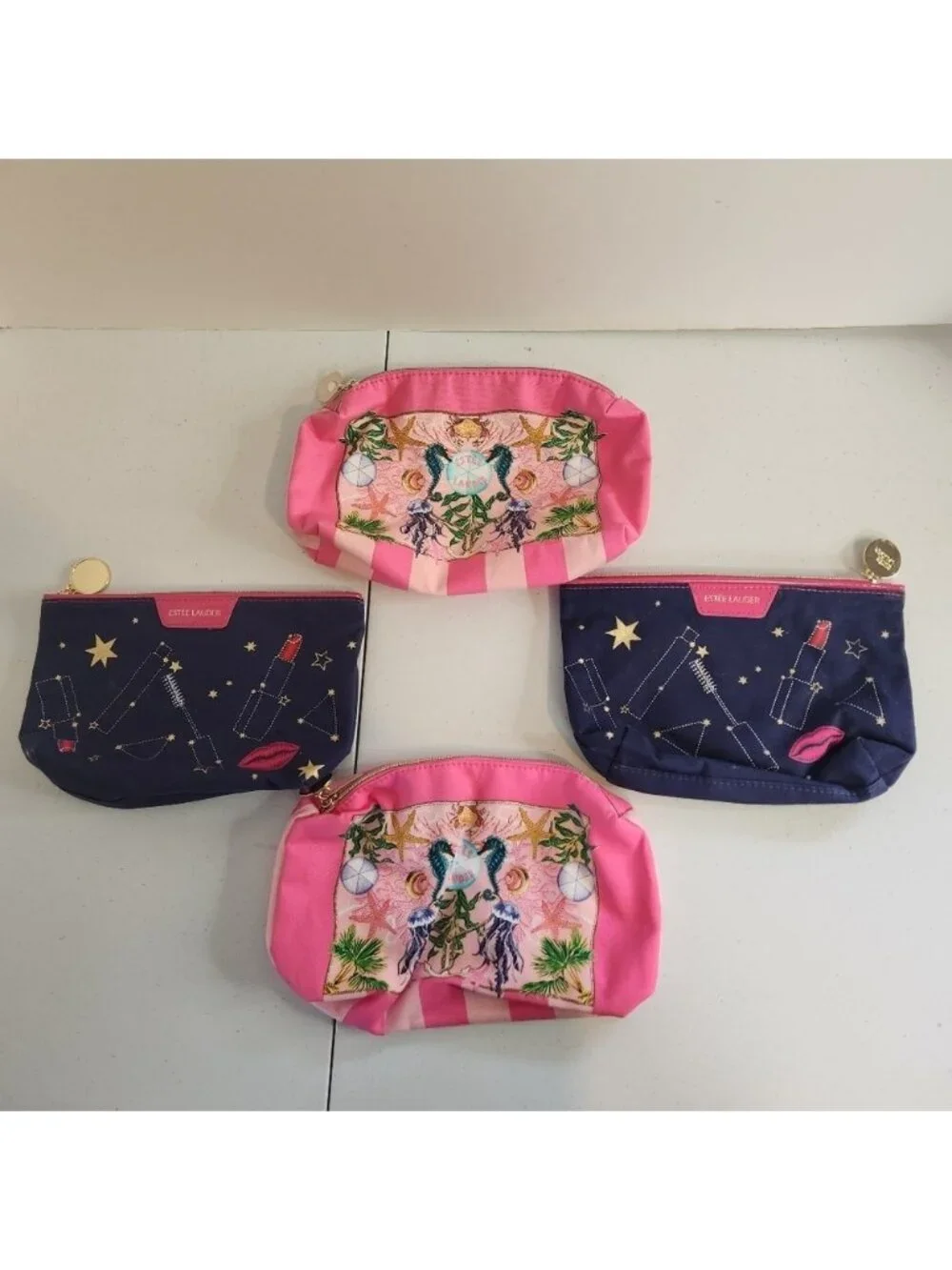 Estee Lauder Makeup Travel Cosmetic Bag Lot of 4 Bags Celestial Beach Pink Stars